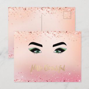 Glitter Pink Green Eyes Eye Lashes Hello Postcard