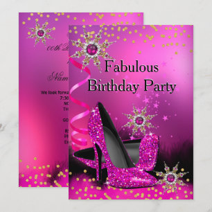 Glitter Pink Heels Birthday Party Gold Black Pearl Invitation