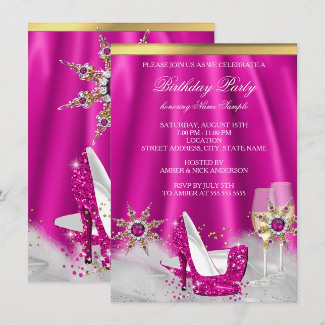 Glitter Pink High Heels Gold Champagne Party Invitation (Front/Back)