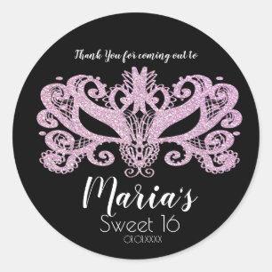 Glitter Pink Masquerade Mask Party Favour Classic Round Sticker