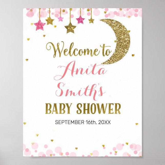 Glitter pink moon baby shower welcome sign (Front)