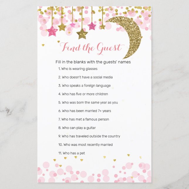Glitter pink moon Watercolor Find the Guest game (Front)