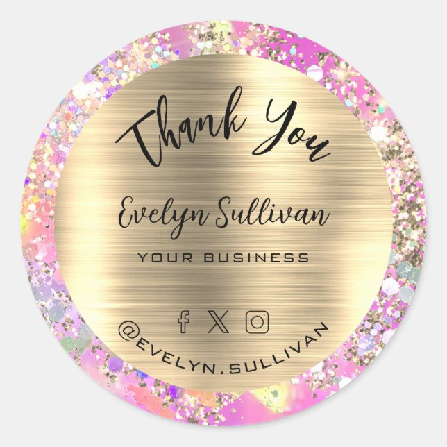 Glitter Pink Opal Thank You  Classic Round Sticker (Front)