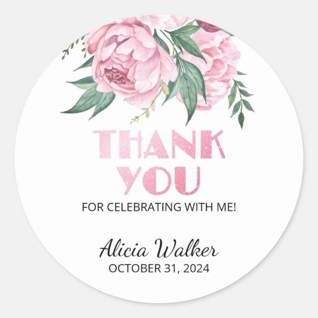 Glitter Pink Peony Floral Greenery Birthday Classic Round Sticker (Front)
