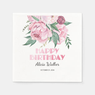 Glitter Pink Peony Floral Greenery Birthday  Napkin