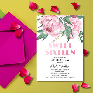 Glitter Pink Peony Floral Sweeet 16th Birthday  Invitation