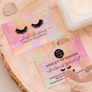Glitter pink rainbow unicorn marble eyelashes business card