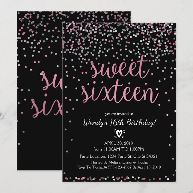 Glitter Pink & Silver Sweet 16 Birthday Invitation (Front/Back)