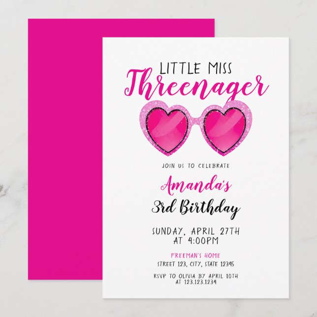 Glitter Pink Sunglasses Threenager 3rd Birthday Invitation (Front/Back)