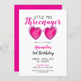 Glitter Pink Sunglasses Threenager 3rd Birthday Invitation