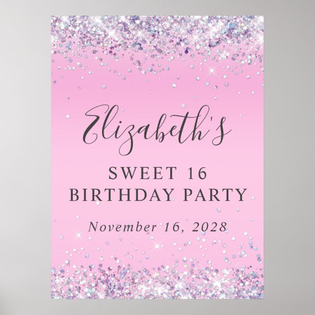 Glitter Pink Sweet 16 Birthday Party Poster (Front)