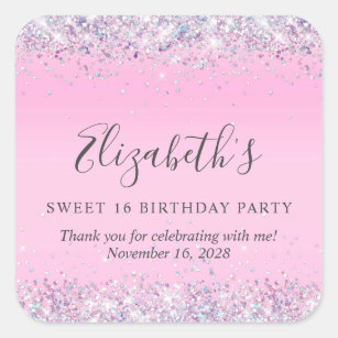 Glitter Pink Sweet 16 Birthday Thank You Square Sticker