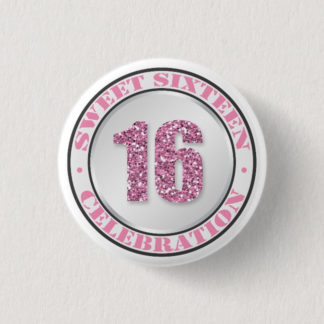 Glitter Pink Sweet 16 Celebration Buttons (Front)