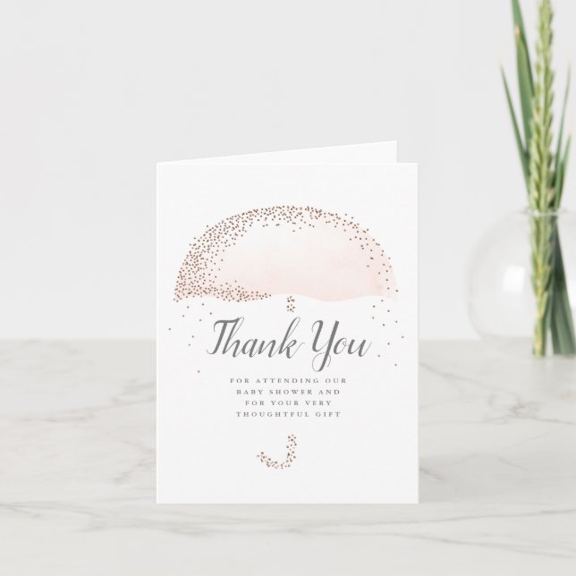 Glitter pink umbrella baby shower thank you card (Front)