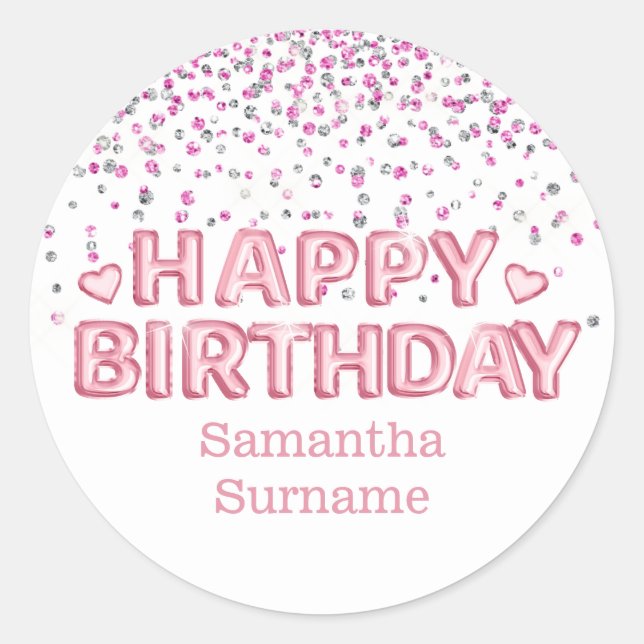Glitter pink white 3d happy birthday glam wishes  classic round sticker (Front)