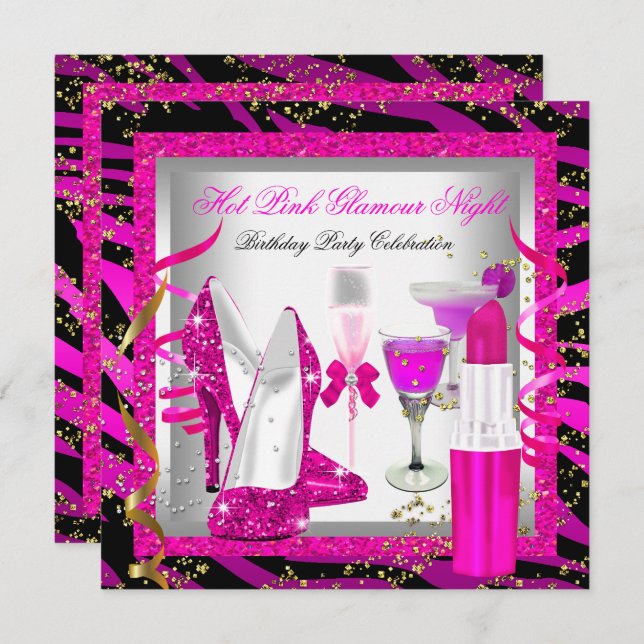 Glitter Pink Zebra Glamour Night Birthday Party Invitation (Front/Back)