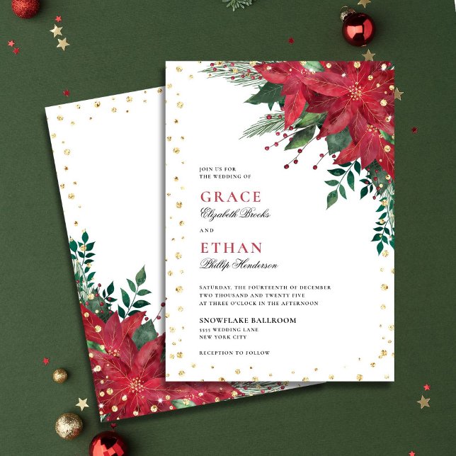 Glitter Poinsettia Red Floral Christmas Wedding Invitation (Creator Uploaded)