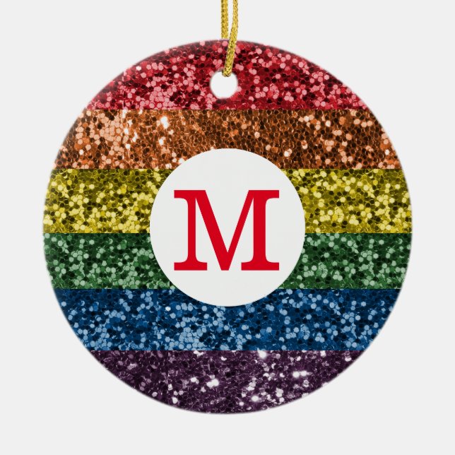 Glitter Pride Rainbow Monogram Sparkle Ceramic Ornament (Front)