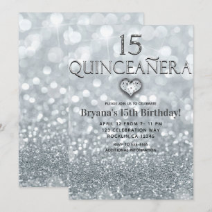 Glitter Princess Silver 15 Quinceañera Party Invitation