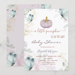 Glitter Pumpkin Blue Butterflies Baby Shower Invitation