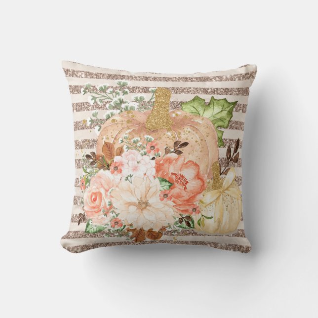 Glitter Pumpkin Stripe Reversible Pillow (Front)