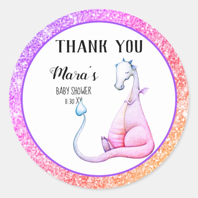 *~* Glitter Purple Dragon Baby Shower Thank You Classic Round Sticker (Front)