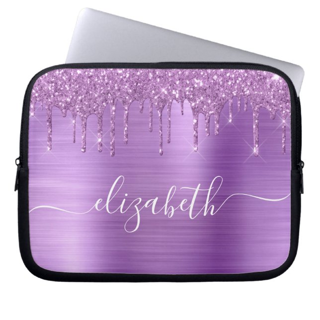 Glitter Purple Drips Monogrammed Laptop Sleeve (Front)