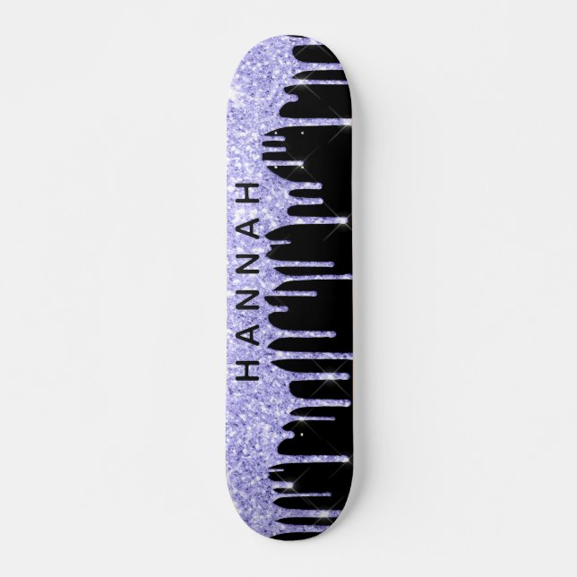 Glitter Purple Drips Personalized Black Skateboard (Front)