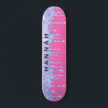 Glitter Purple Drips Personalized Hot Pink Skateboard<br><div class="desc">Personalized girly skateboard featuring purple faux glitter dripping against a hot pink background. You can add your first name in bold letters across the glitter.</div>