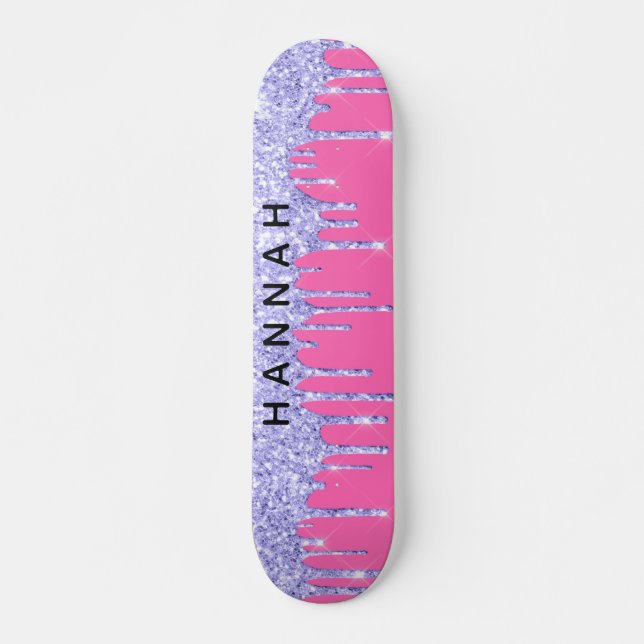 Glitter Purple Drips Personalized Hot Pink Skateboard (Front)