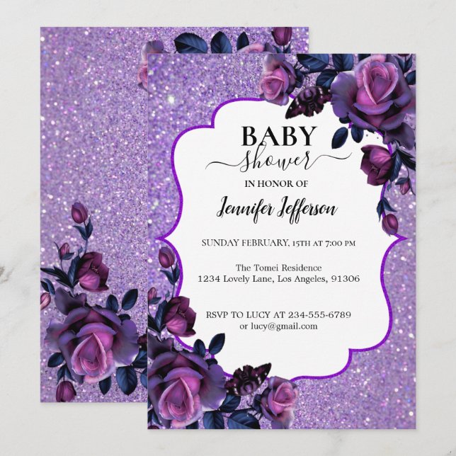 Glitter Purple Floral Baby Shower Invitation (Front/Back)