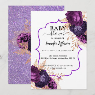Glitter Purple Floral Baby Shower Invitation