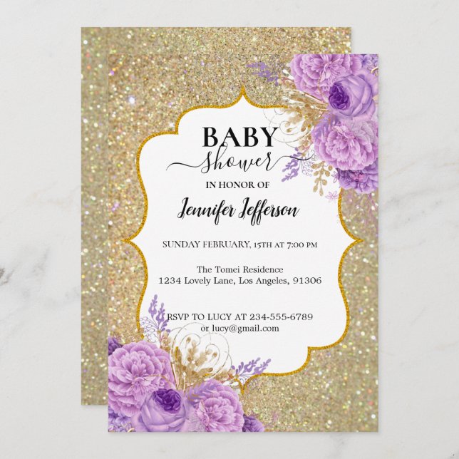 Glitter Purple Floral Baby Shower Invitation (Front/Back)