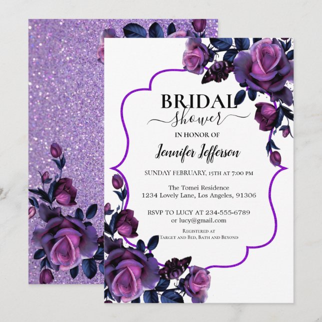 Glitter Purple Floral Bridal Shower Invitation (Front/Back)