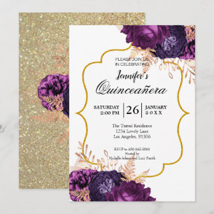 Glitter Purple Floral Quinceanera Invitation