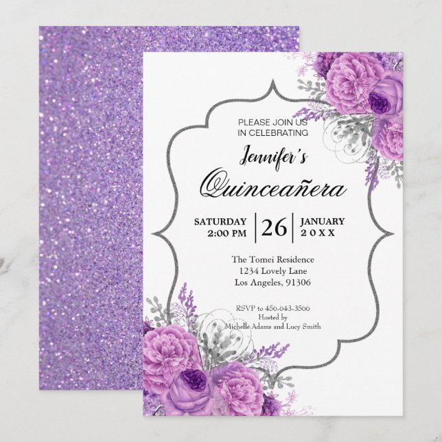 Glitter Purple Floral Quinceanera Invitation (Front/Back)