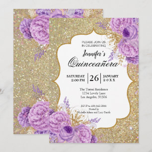Glitter Purple Floral Quinceanera Invitation