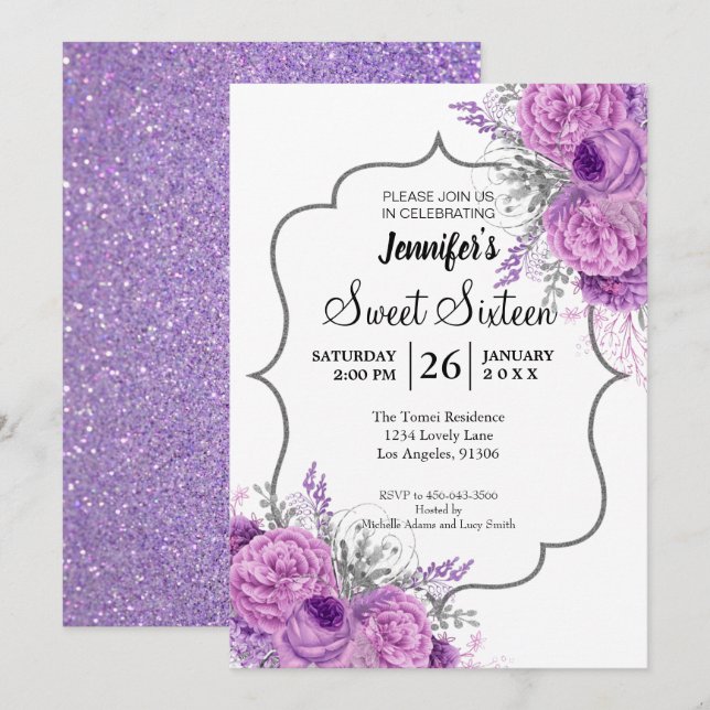 Glitter Purple Floral Sweet 16 Birthday Invitation (Front/Back)