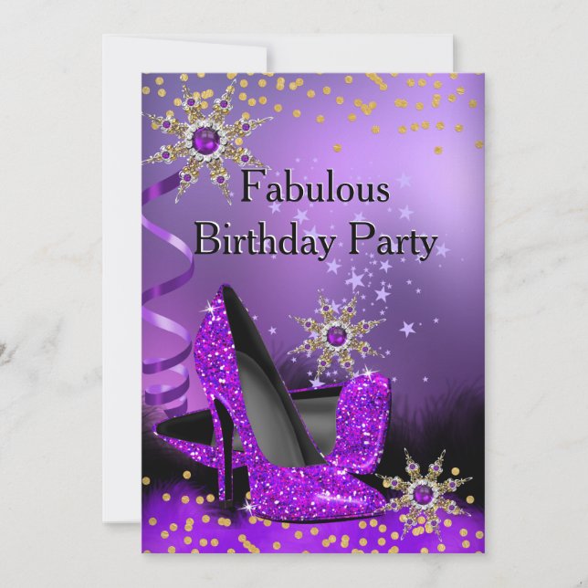 Glitter Purple High Heels Birthday Party Pearl Invitation (Front)