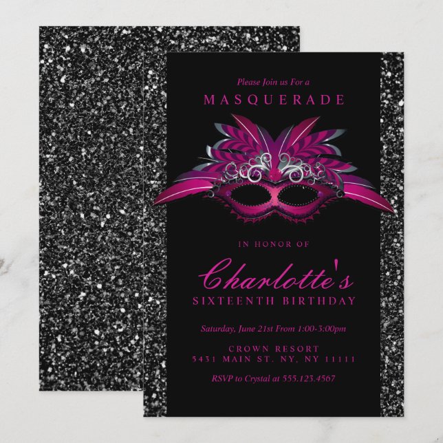 Glitter, Purple Masquerade Party Invitations (Front/Back)