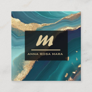 *~* Glitter QR Luxe Initial Turquoise AP66 Gold Square Business Card