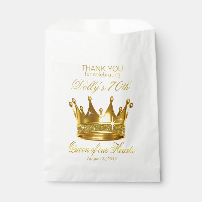 Glitter Queen of our Hearts 70th Birthday Crown Favour Bag (Front)