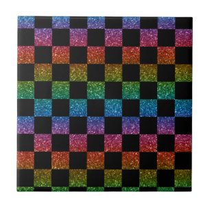 Glitter rainbow and black chequered pattern tile