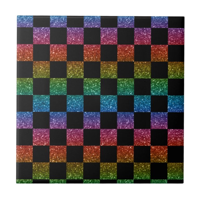 Glitter rainbow and black chequered pattern tile (Front)