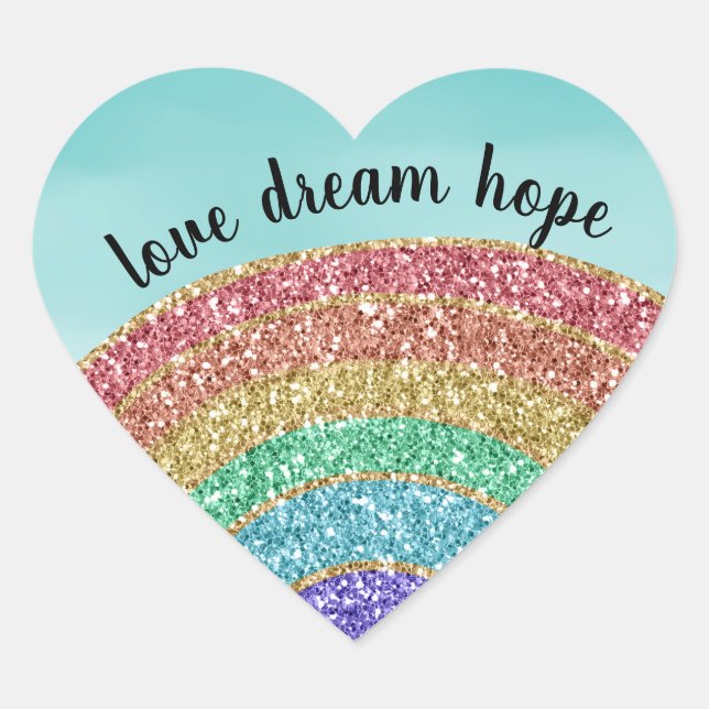 Glitter Rainbow Aqua Watercolor Heart Sticker (Front)