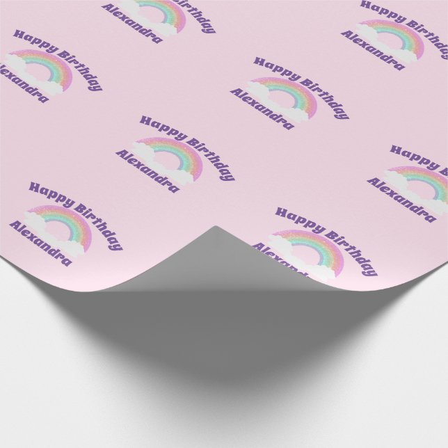 Glitter Rainbow Custom Happy Birthday on Pink Wrapping Paper (Corner)