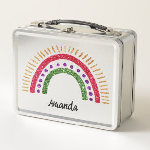Glitter Rainbow Design Custom Name Personalized  Metal Lunch Box