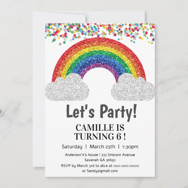 Glitter rainbow girl birthday  invitation (Front)
