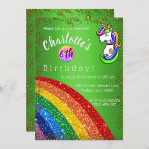Glitter Rainbow Green Unicorn Birthday Invitation