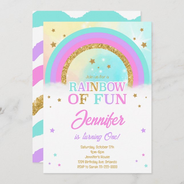 Glitter Rainbow Stars Birthday Invitation (Front/Back)